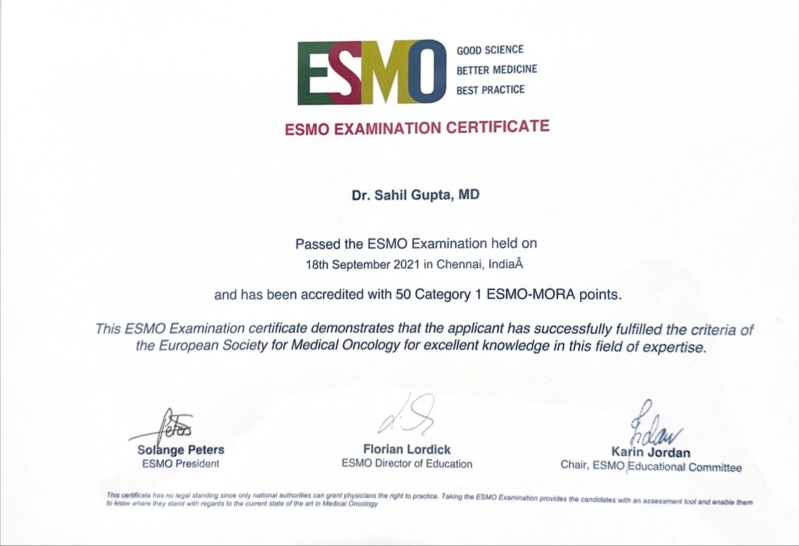 ESMO Certificate 2